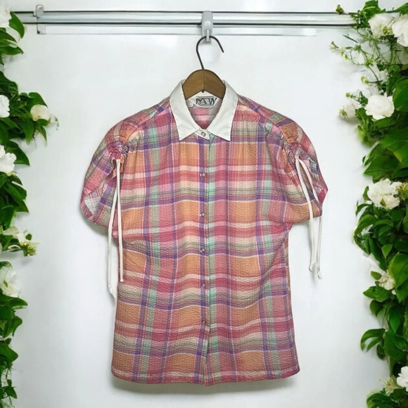 1970s Beeline Fashions Seersucker Plaid Cinched Sleeve Collard Button Uo Blouse - Picture 3 of 9